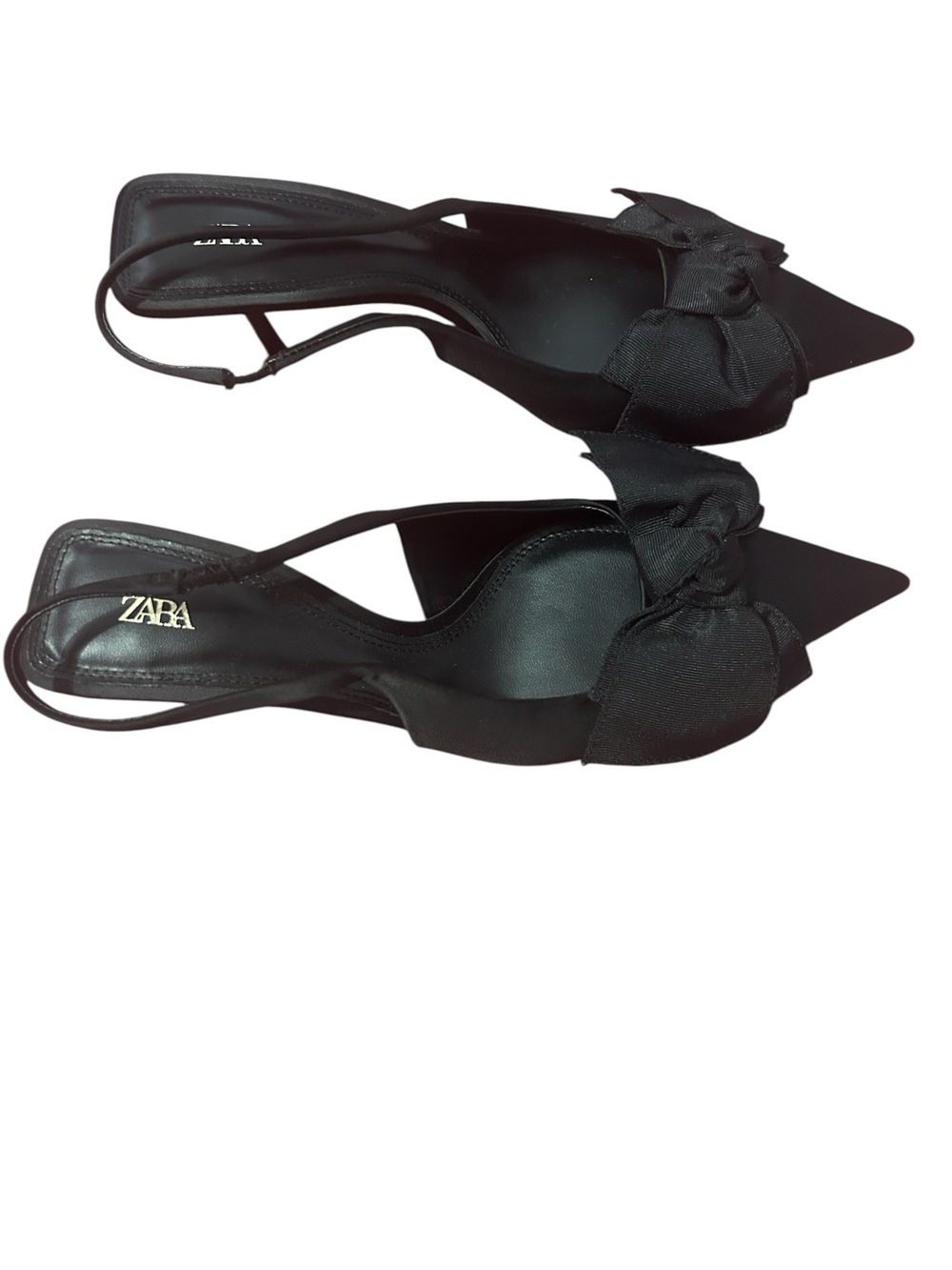 Zara Black Bow Pointed-Toe Slingback Heels Satin NWOT - Picture 2 of 3
